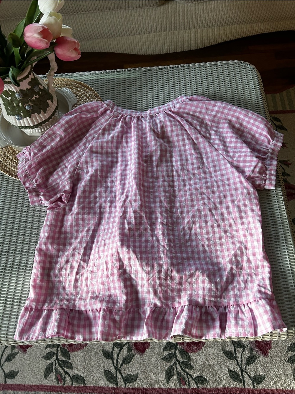 Pink Gingham Ruffle Button-Front Women's Top - Picture 3 of 3